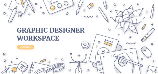 creative designer desk with stationary objects pencils, markers and design symbols. top view on grap