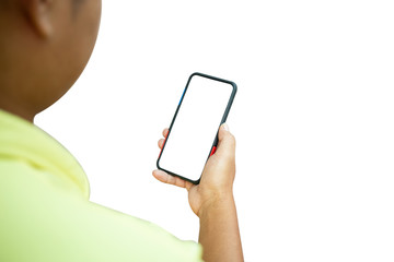 Close up of Asian men are playing black mobile phones on white background. Top view of asian man using mobile smart phone with blank white  screen.