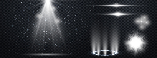 Fototapete - Set of Transparent Lens Flares and Lighting Effects. White spotlights.  Light Effects. Realistic falling snowflakes. Vector illustration