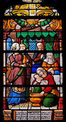 Canvas Print - Birth of the Virgin, stained glass windows in the Saint Gervais and Saint Protais Church, Paris, France 