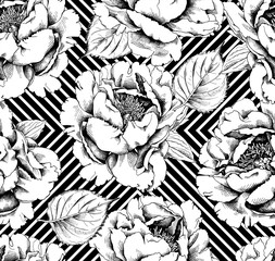 Floral seamless pattern with image of a big peony and leaves on a geometric background. Vector black and white illustration.