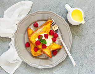 Poster - French toast with english sauce and raspberries.