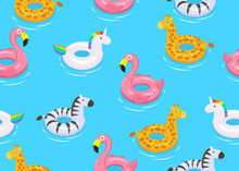 Seamless Pattern Of Colorful Animals Floats Cute Kids Toys On Blue Background  - Vector Illustration.