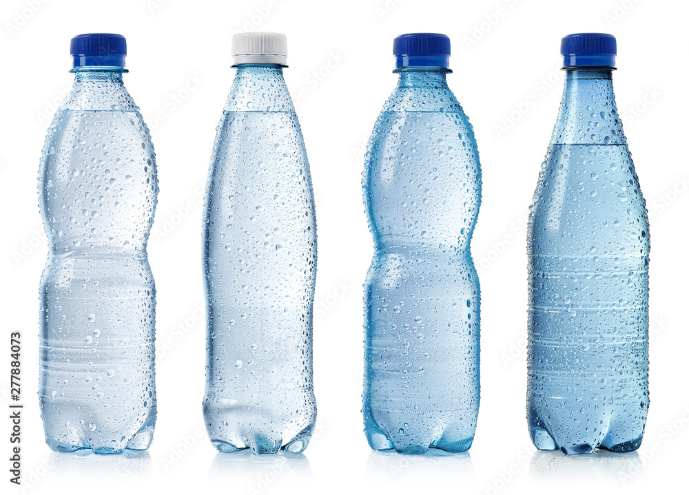 Collection of various cold bottles of water with drops - obrazy, fototapety, plakaty 
