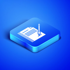 Wall Mural - Isometric Blank notebook and pen icon isolated on blue background. Paper and pen. Blue square button. Vector Illustration