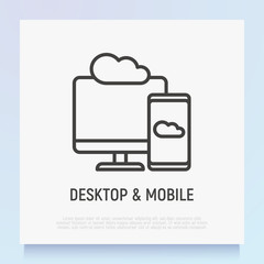Wall Mural - cloud computing thin line icon: smartphone sync with desktop. modern vector illustration.