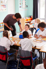 Wall Mural - Male Teacher Holding Digital Tablet Teaches Group Of Uniformed Elementary Pupils In School Classroom