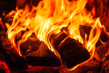 fire in the fireplace, in the foreground burned firewood