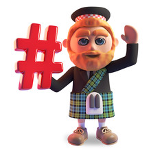 Bearded Scottish Man In Traditional Kilt Waves And Holds A Hashtag Internet Symbol, 3d Illustration