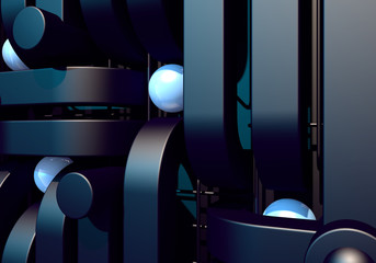 Abstract background with black square pipes and shiny metal ball. 3D illustration