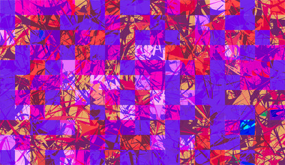 Wall Mural - Abstract background with elements of cobwebs and strokes. sharp forms of paints and stains on the background of square tiles. Aggressive vector design. purple, pink, red colors