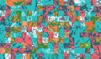 Wall Mural - Abstract background with elements of cobwebs and strokes. sharp forms of paints and stains on the background of square tiles. Aggressive vector design. blue, pink, orange colors