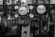 The Engine Room Of An Old Steamer. Steam Pressure Sensors, Steam Boiler Pipes.