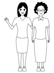 Sticker - Mother and adult daughter together cartoon in black and white