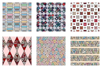 Wall Mural - Seamless vector pattern. geometrical background with hand drawn decorative tribal doodle elements. Print with ethnic, folk, geometrical motifs. Graphic geometric illustration, squres, dots, rectangles