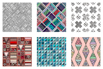 Wall Mural - Seamless vector pattern. geometrical background with hand drawn decorative tribal doodle elements. Print with ethnic, folk, geometrical motifs. Graphic geometric illustration, squres, dots, rectangles