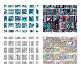 Wall Mural - Seamless vector pattern. geometrical background with hand drawn decorative tribal doodle elements. Print with ethnic, folk, geometrical motifs. Graphic geometric illustration, squres, dots, rectangles