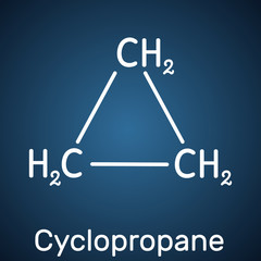 Poster - Cyclopropane cycloalkane molecule. It is an inhalation anaesthetic. Structural chemical formula on the dark blue background.