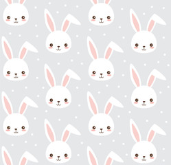 Wall Mural - Cute bunny pattern. Cartoon rabbit head and dots. Vector seamless background for baby, child.