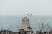 Wooden Dock On Cloudy Day With Seagulls Flying Over The Calm Sea