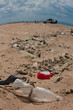Plastic bottles and other garbage on the sand beach left by people during summer vacation, a car with tourists on the background. Planet pollution, environmental problem, contamination of nature