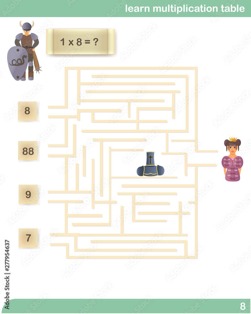 Learn multiplication table. Labyrinth. Viking Adventure. Vector ...
