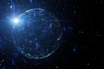 Conceptual digital globe with computer binary data copy space background. 3d illustration.