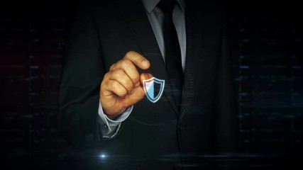 Canvas Print - A businessman in a suit touch the screen with cyber security shield hologram. Man using hand on virtual display interface. Digital protection and computer safety futuristic concept.