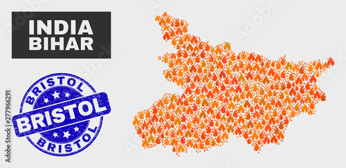 Vector Collage Of Fired Bihar State Map And Blue Round Distress Bristol Stamp Fiery Bihar State Map Mosaic Of Flame Symbols Vector Collage For Safety Services And Bristol Seal Buy This