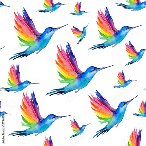 Watercolor seamless pattern with rainbow hummingbird isolated on white backgr...