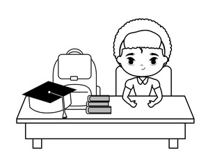 Poster - student boy sitting in school desk with supplies education