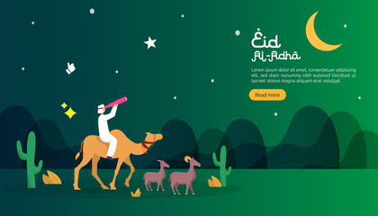 islamic design illustration concept for Happy eid al adha or sacrifice celebration event with people character for web landing page, banner, presentation, poster, ad, promotion or print media.