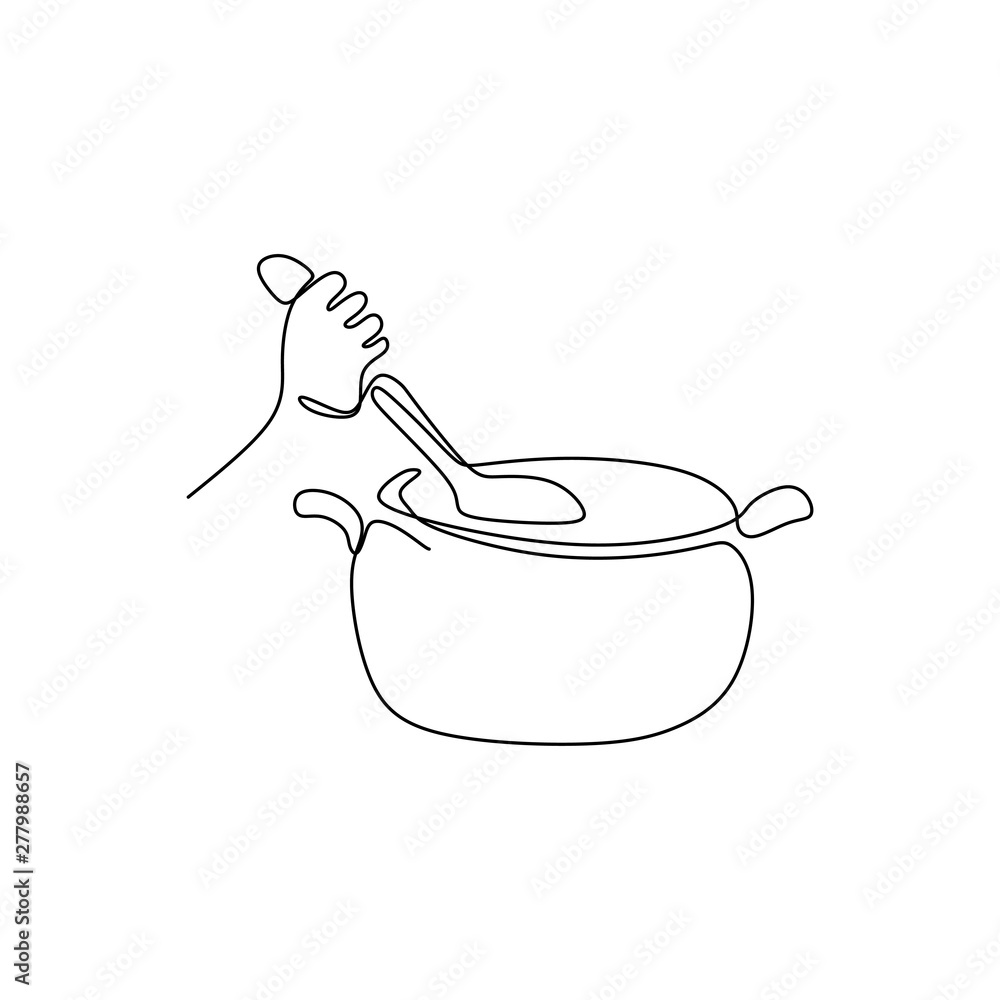 Continuous line drawings show the hand is cooking vector illustrations ...