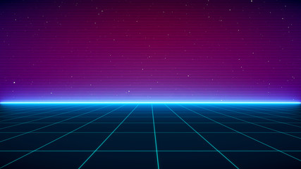 Retro Sci-Fi Background Futuristic landscape of the 80`s. Digital Cyber Surface. Suitable for design in the style of the 1980`s