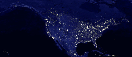 North American continent electric lights map at night. USA and Canada  city lights