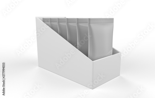 Download Box With Metallic Sachets Mockup On White Background 3d Illustration Stock Photo Adobe Stock
