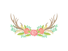 Compositions Of Roses, Horns, Feathers And Green Leaves. Vector Illustration On White Background.
