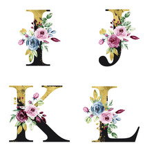 Floral Alphabet Set, Letters I, J, K, L With Watercolor Flowers And Leaf. Gold And Black Monogram Initials For Wedding Invitation, Greeting Card, Logo And Other. Holiday Design Hand Painting. 