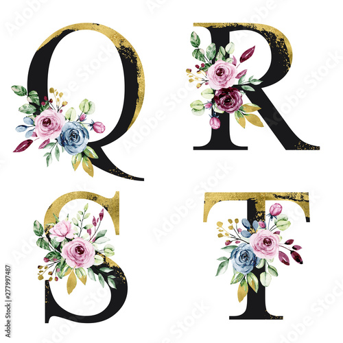 Floral Alphabet Set Letters Q R S T With Watercolor Flowers And Leaf Gold And Black Monogram Initials For Wedding Invitation Greeting Card Logo And Other Holiday Design Hand Painting Stock Illustration