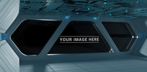 Poster - Blue spaceship interior control panel station 3D rendering