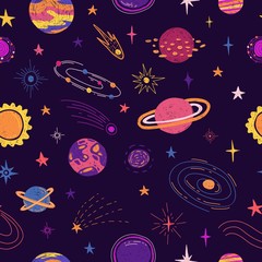Seamless pattern with space elements. Cartoon style wallpaper with planets, universe and cosmic star. Children's background with hand-drawn galaxy doodle style. Vector