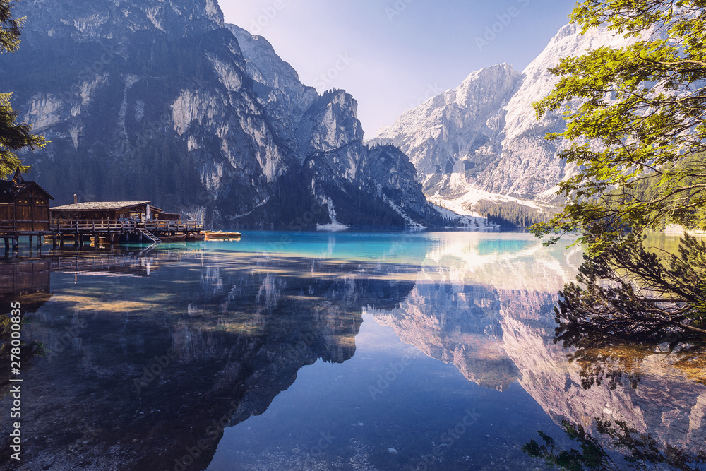 Summer morning at Lago di Braies, Italy - obrazy, fototapety, plakaty 