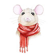 Cartoon little mouse in warm cozy Christmas red scarf watercolor illustration. Little rat (mouse) a symbol of  Chinese new 2020 year, isolated on white background.