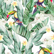 Beautiful watercolor seamless pattern with tropical leaves and banana leaves, tukan birds and hibiscus flowers. 
