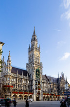 New Town Hall With Clock Tower On Central Marienplatz Square In Munich, Bavaria, Germany