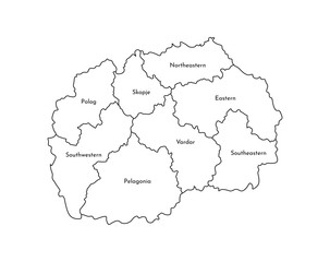  Vector isolated illustration of simplified administrative map of North Macedonia﻿. Borders and names of the regions. Black line silhouettes