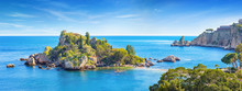 Panoramic View Of Beautiful Isola Bella, Small Island Near Taormina, Sicily, Italy