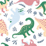 Fototapeta Dinusie - Cute herbivorous dinosaur seamless pattern. Dino flat handdrawn clipart. Prehistoric animals. Cartoon illustration for textile, wrapping, wallpapers for kids