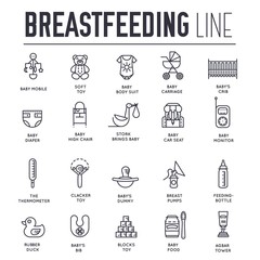  Set of thin line icons, logos about breastfeeding.