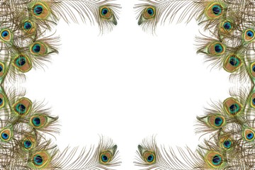 Peacock feathers on white background with copy space